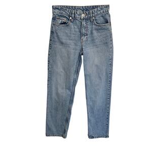 &Denim Baggy Jeans Womens Size 0 Blue Distressed Low Waist Straight Leg Med Wash